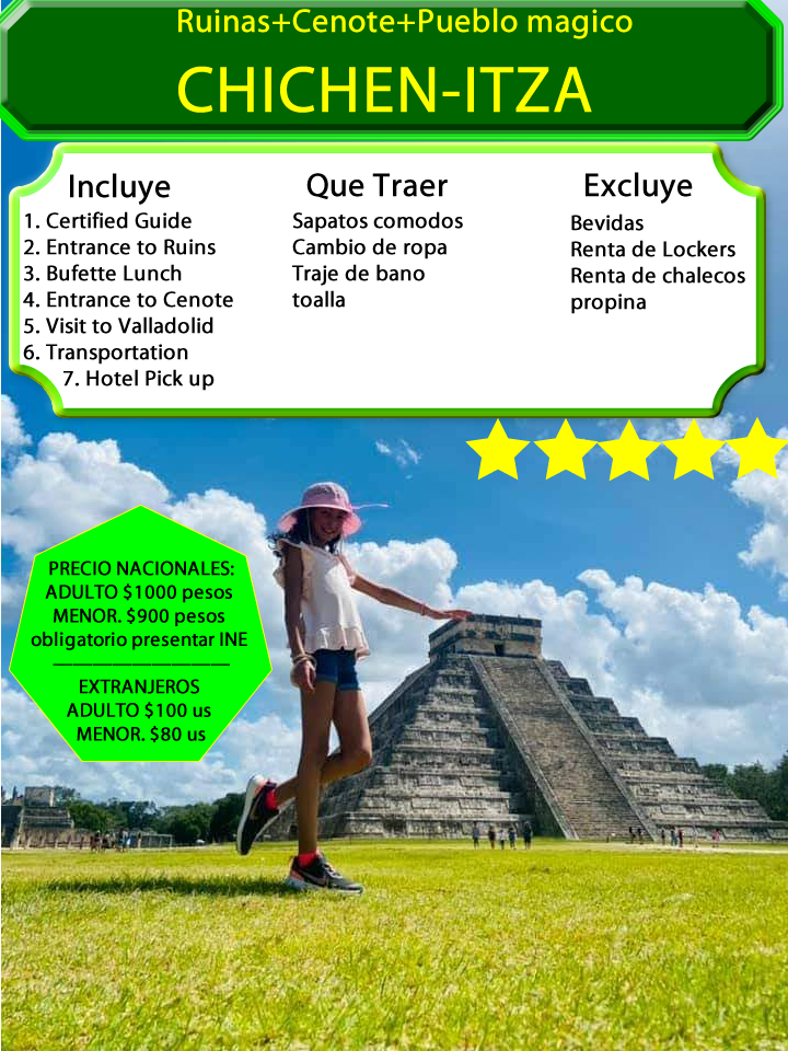 Descubre la majestuosidad de Chichén Itzá, una de las Nuevas Siete Maravillas del Mundo, en un tour inolvidable que también incluye una visita a un cenote y a un encantador Pueblo Mágico. Sumérgete en la rica historia y cultura de la civilización maya mientras exploras estos impresionantes destinos.