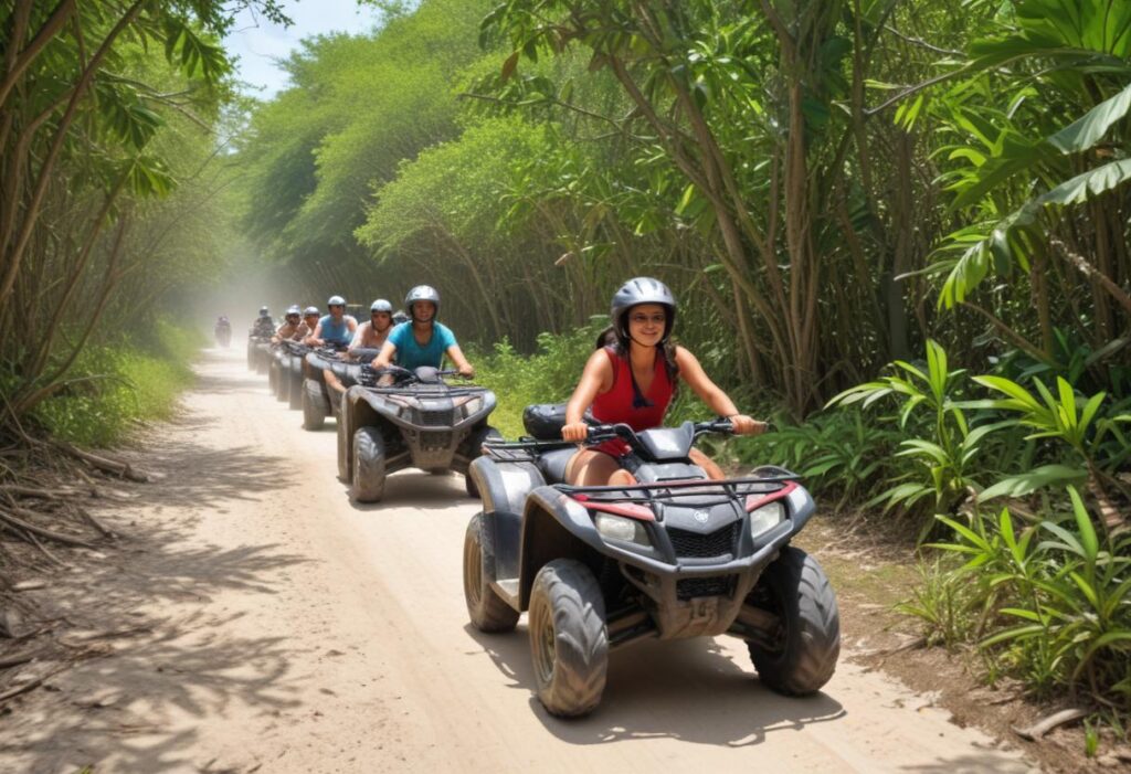 Ride ATVS through the jungle zip and swim in a ancient cenote.