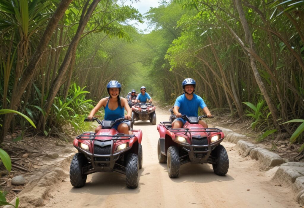 Ride ATVS through the jungle zip and swim in a ancient cenote.